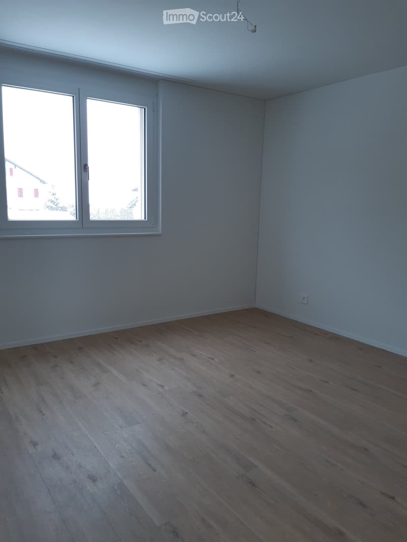 Empty room with light grey walls and light wooden flooring, featuring two large windows with white frames and a visible electrical outlet on the right wall.
