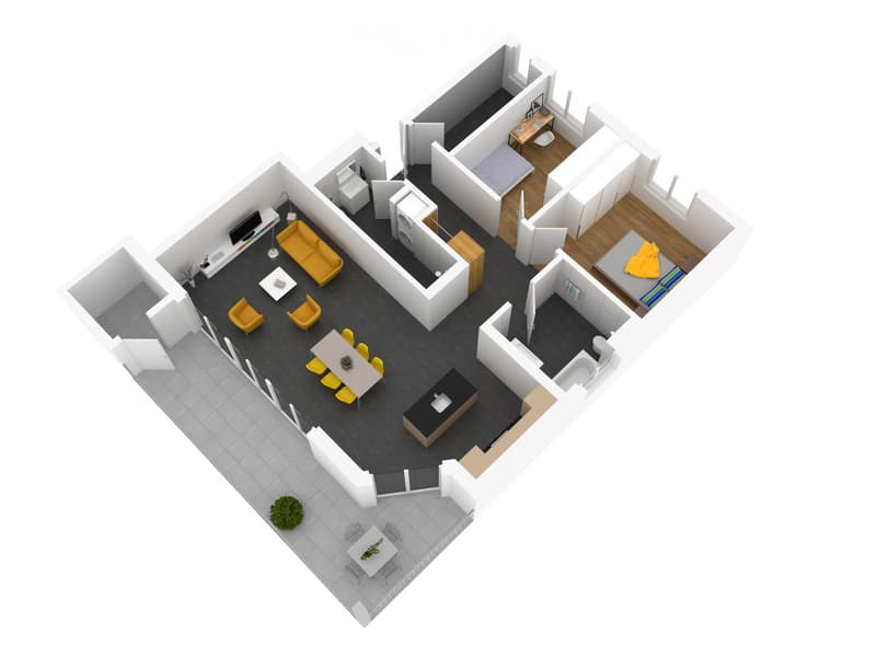 3D floor plan of a modern apartment with living room, dining area, kitchen, two bedrooms, and a bathroom. Features include a balcony, open-plan living space, and contemporary design.