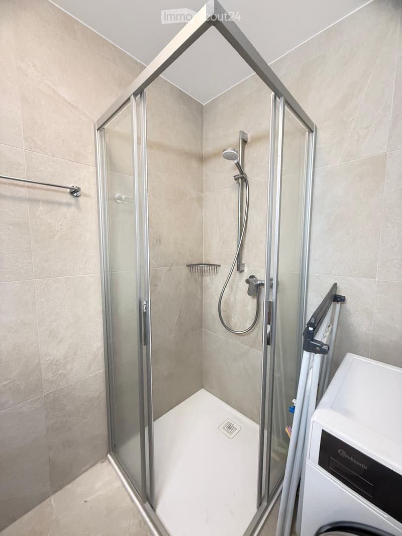 modern shower enclosure, tiled floor, built-in shelf, shower head, shower rail, washing machine