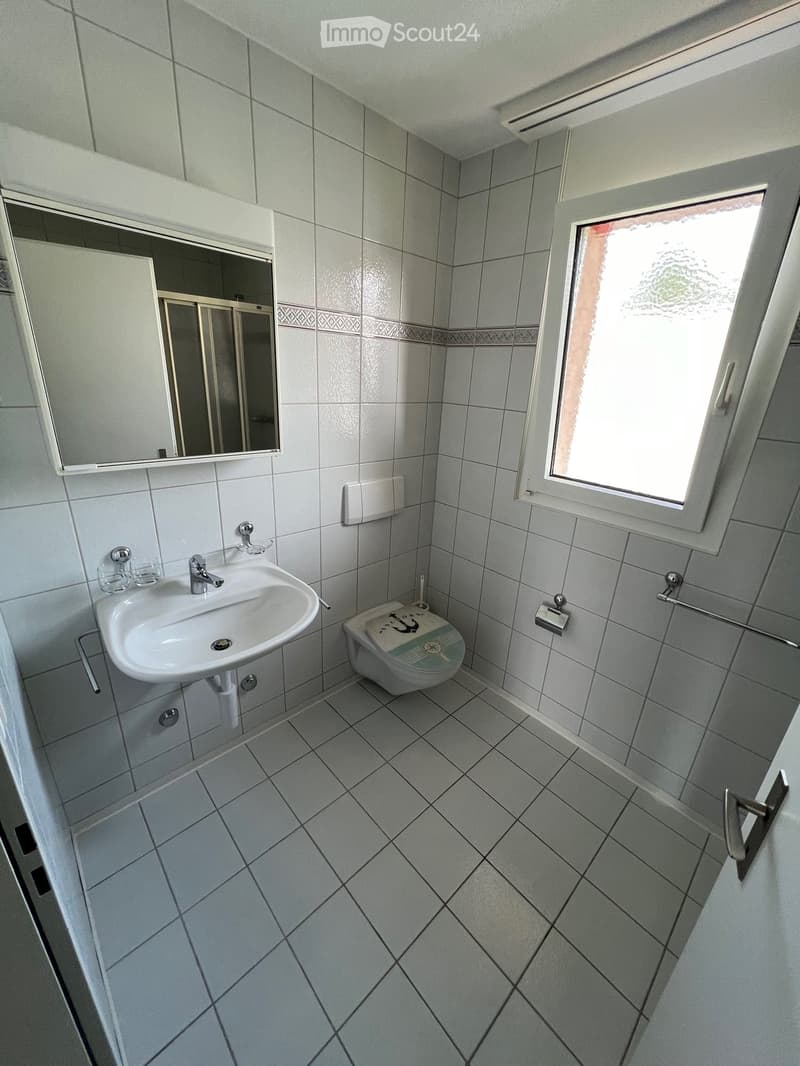 A small bathroom with white tiled walls and floor, featuring a sink with a faucet, a toilet, a mirror, and a towel rack.
