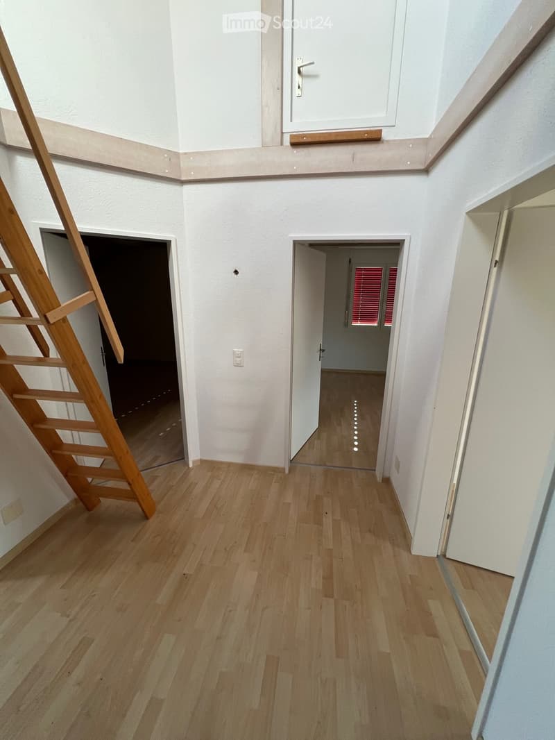 Empty hallway with light wooden flooring, white walls, and a wooden ladder leaning against the wall. A doorway leads to another room with red blinds on the windows.
