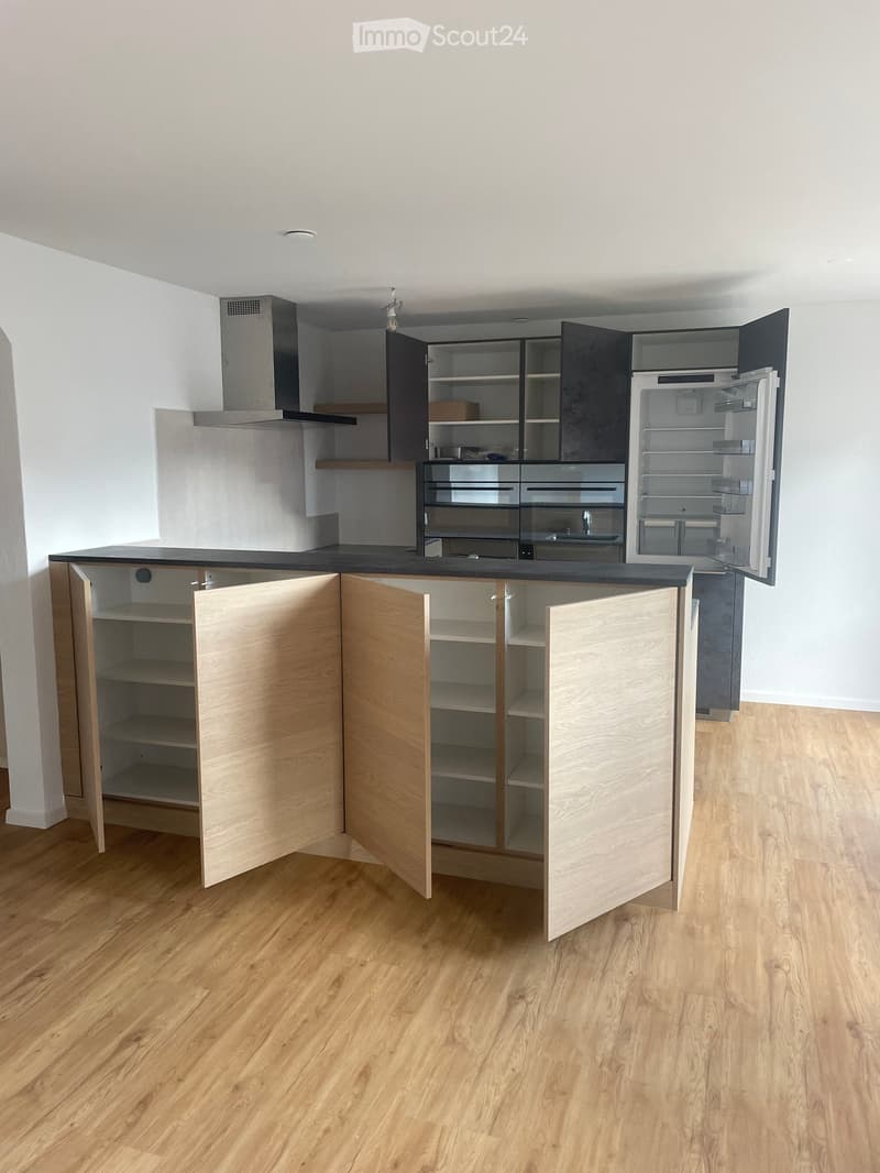 Modern kitchen with light wooden cabinets, black countertops, stainless steel appliances, and an island with open shelving.