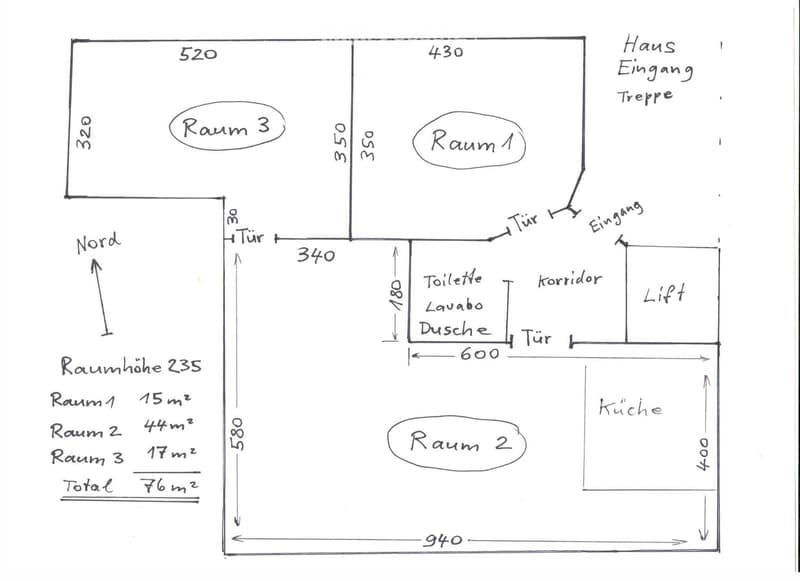 Floor plan showing three rooms, a kitchen, a toilet, a corridor, and a lift. Dimensions and room labels are provided.