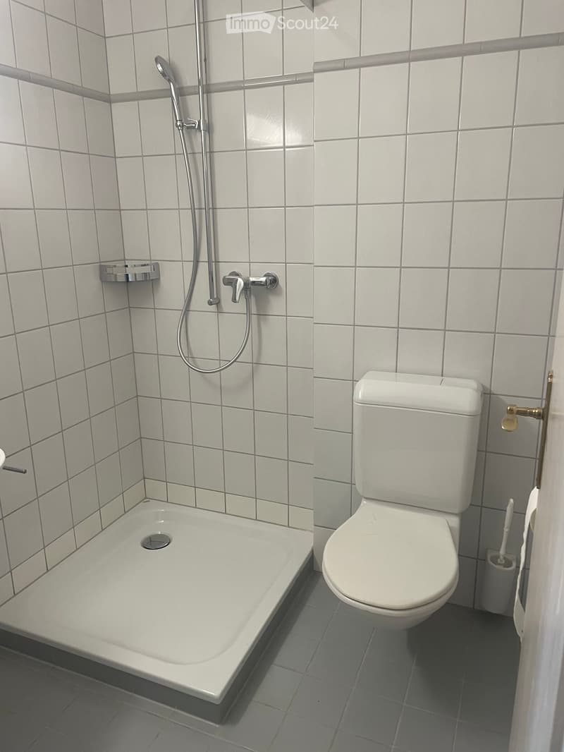 Modern bathroom with a white bathtub, toilet, and showerhead. The walls are tiled in light gray, and the floor is covered with dark gray tiles.