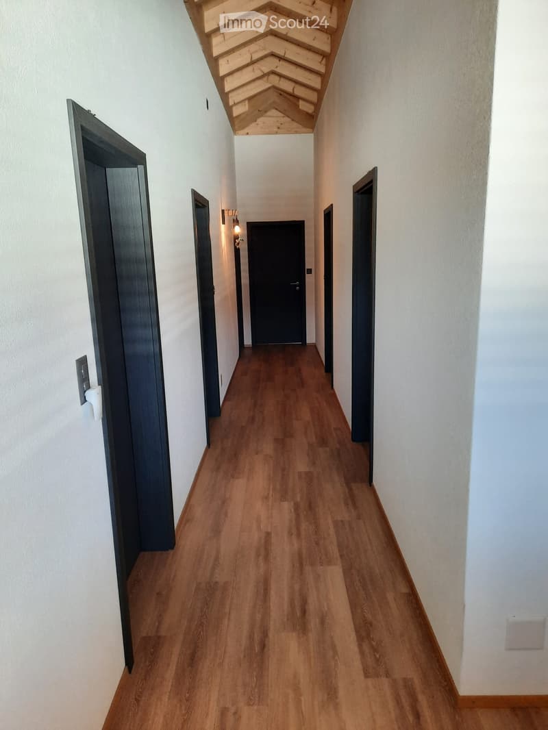 A narrow hallway with wooden flooring, white walls, and several dark-colored doors on both sides. A wall-mounted light fixture provides illumination.