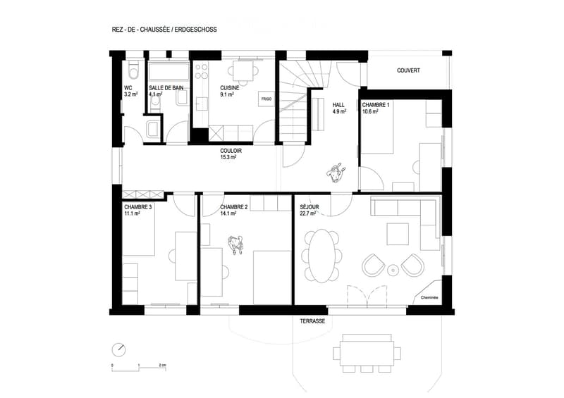 Ground floor floor plan showing a living room, kitchen, three bedrooms, bathroom, hallway, and terrace.