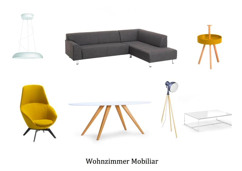 Modern living room furniture set including a grey sectional sofa, yellow armchair, white dining table with wooden legs, pendant light, tripod floor lamp, and a small glass coffee table.