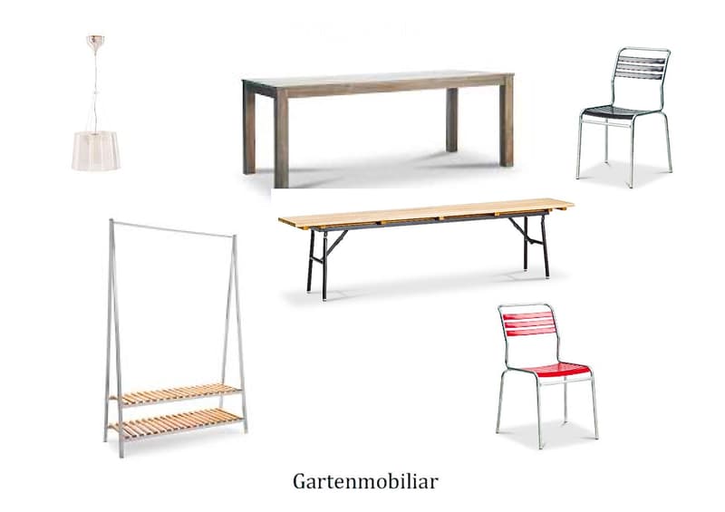 A collection of modern outdoor furniture including a wooden table, metal chairs, a folding table, a metal shelf, and a hanging lamp.