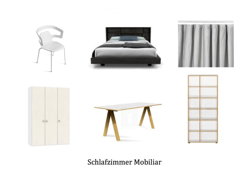 Modern bedroom furniture set including a white chair, a bed with dark headboard, a wardrobe, a table with wooden legs, and a curtain.