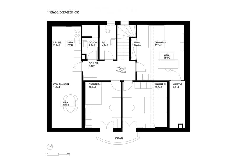 First-floor floor plan showing a kitchen, dining area, living room, four bedrooms, a bathroom, and a balcony.