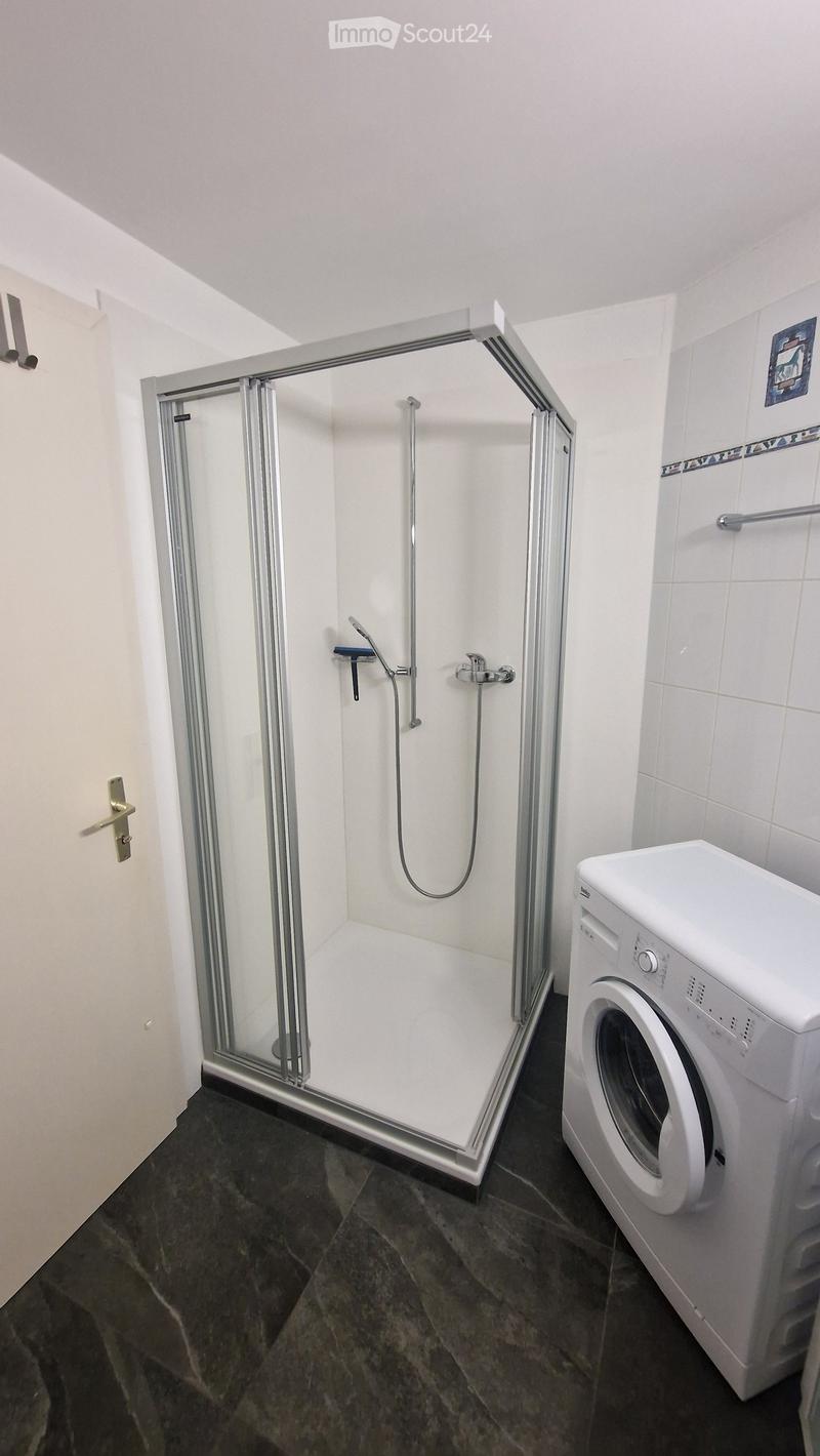 Modern bathroom with a glass-enclosed shower and a white washing machine. The shower has a handheld sprayer and a fixed overhead showerhead. The floor is dark tiled, and the walls are white with a decorative border near the shower area.