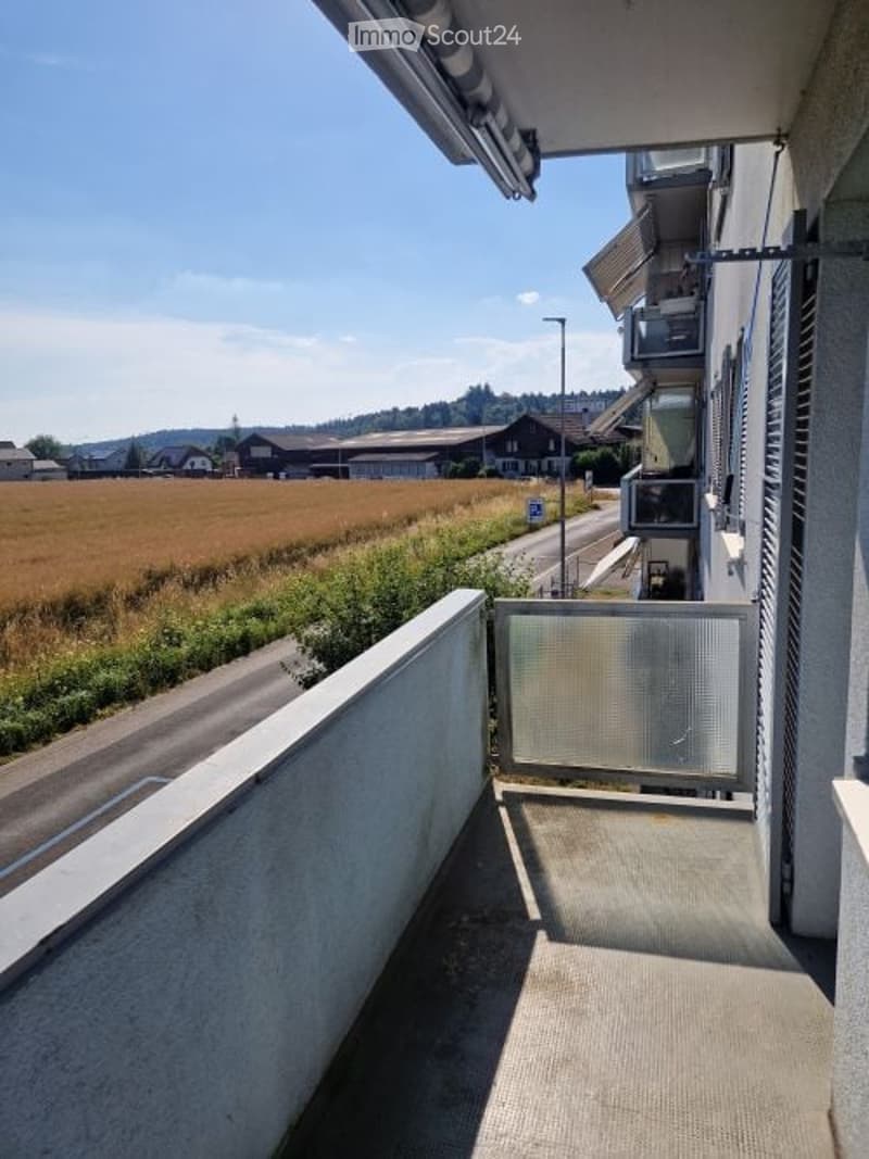 Balcony with a view of a rural landscape, featuring a concrete floor, white railing, and a glass door leading inside.