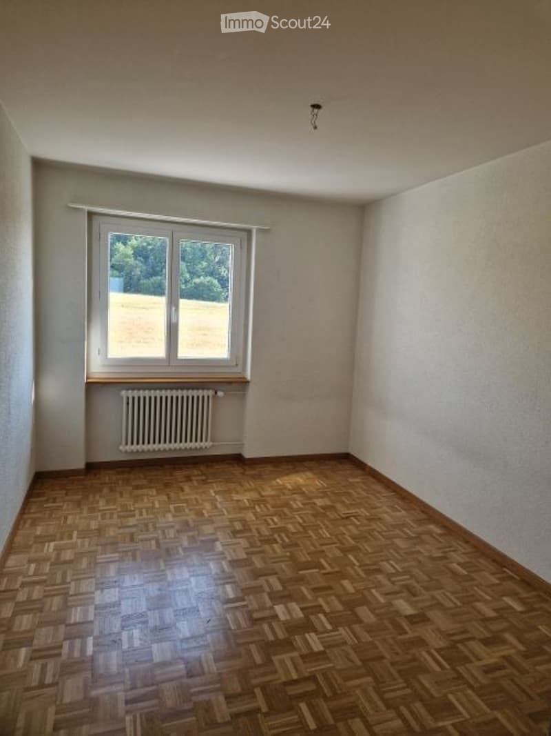 Empty room with wooden parquet flooring, white walls, a single window with white frame, and a radiator below the window.