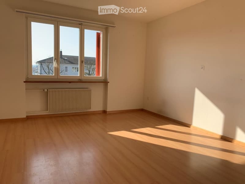 Empty room with wooden flooring, large window with white frame, radiator below the window, and natural light casting shadows on the floor.