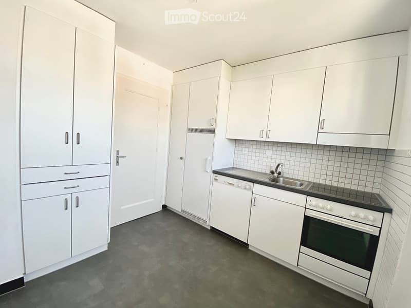 Modern kitchen with white cabinets, stainless steel appliances, and a dark grey concrete floor.