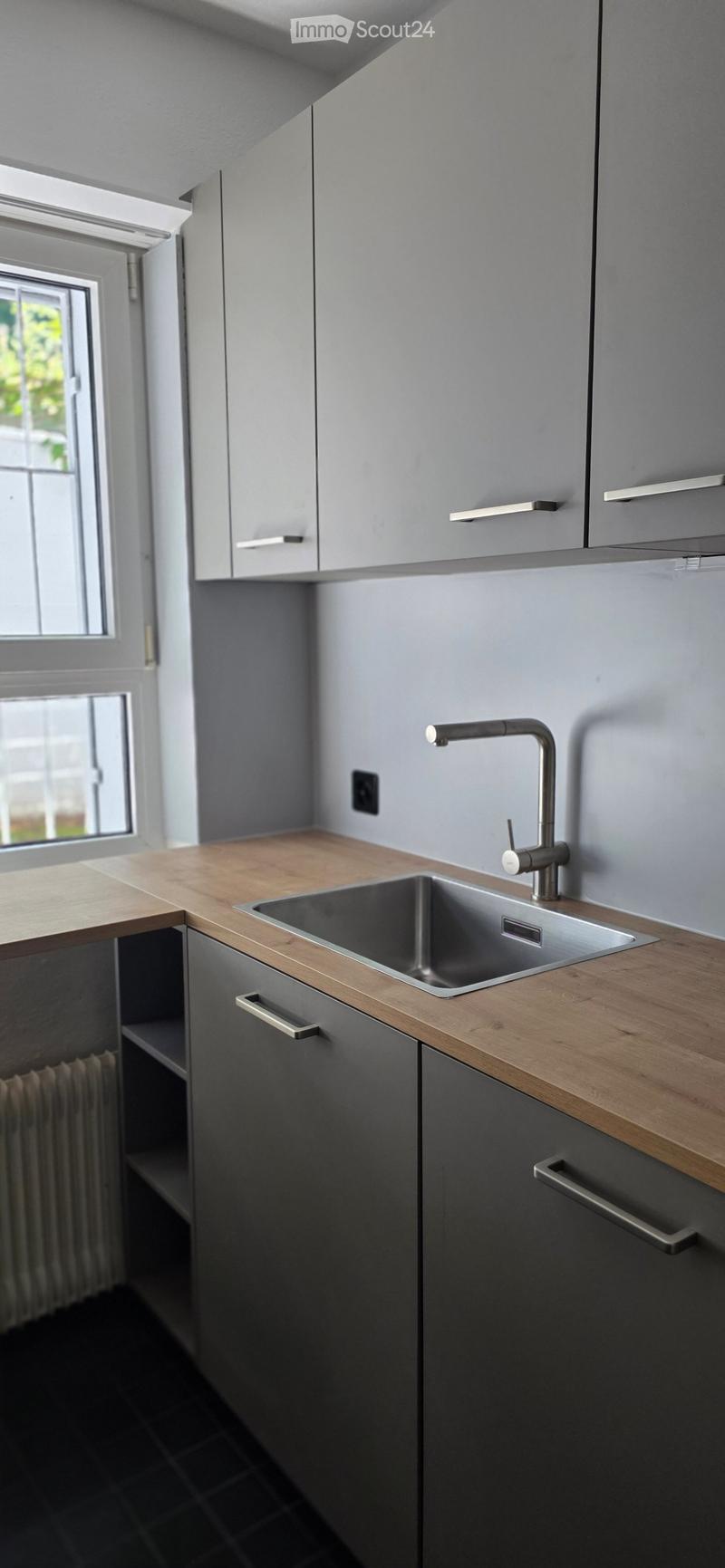 Modern kitchen with grey cabinets, wooden countertop, stainless steel sink, and faucet.