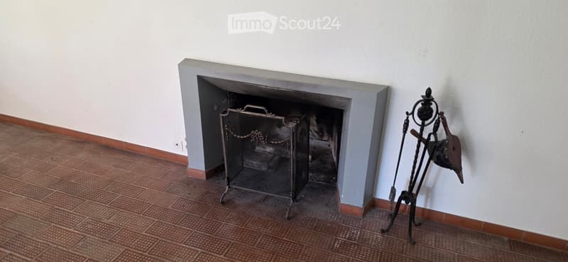 Fireplace with gray surround and decorative iron tools nearby.