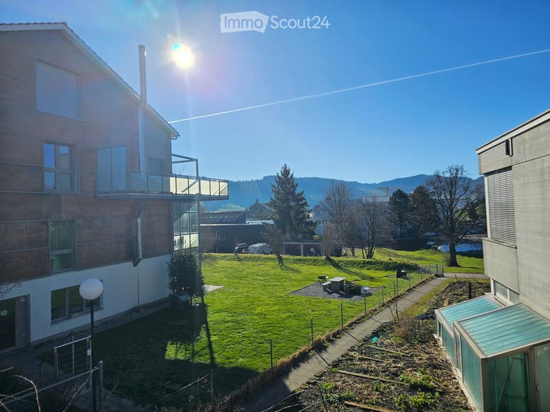 Large building with wooden facade, balcony, windows, lawn in front