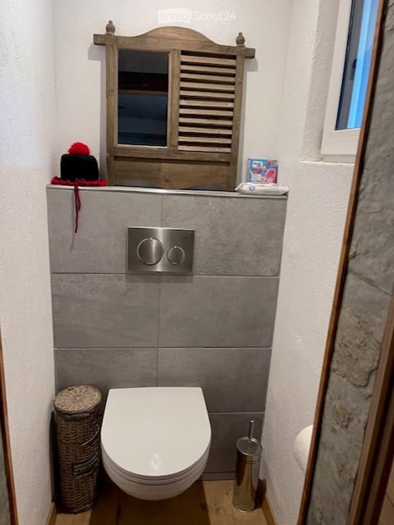 small bathroom with toilet, cabinet, and grey tiled wall