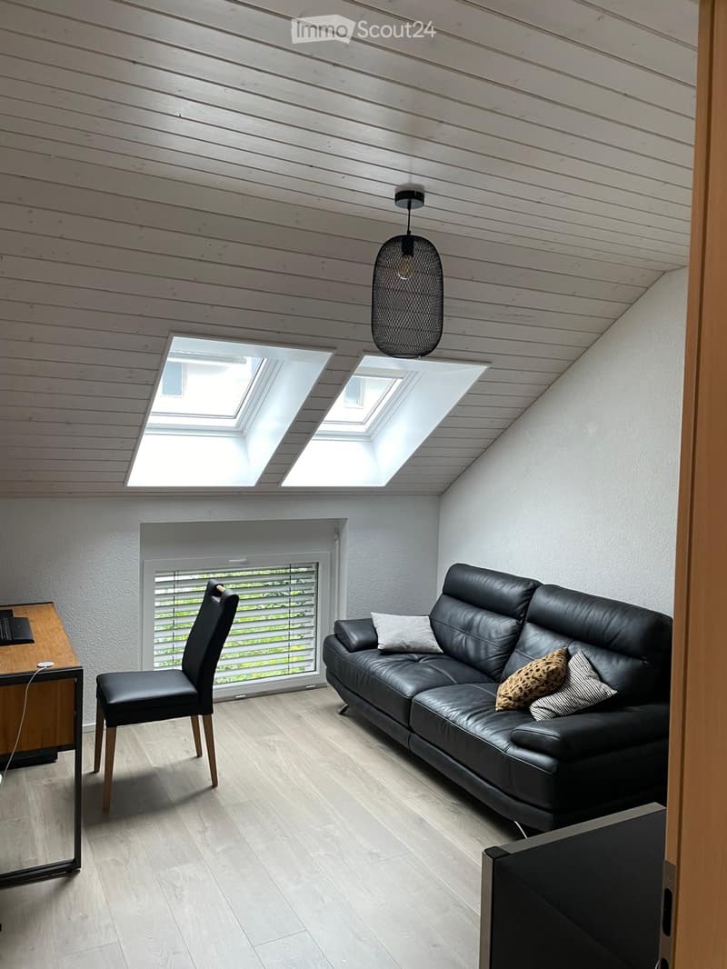Modern living room with a black leather sofa, wooden chair, small table, and pendant light. Features skylights and large windows.