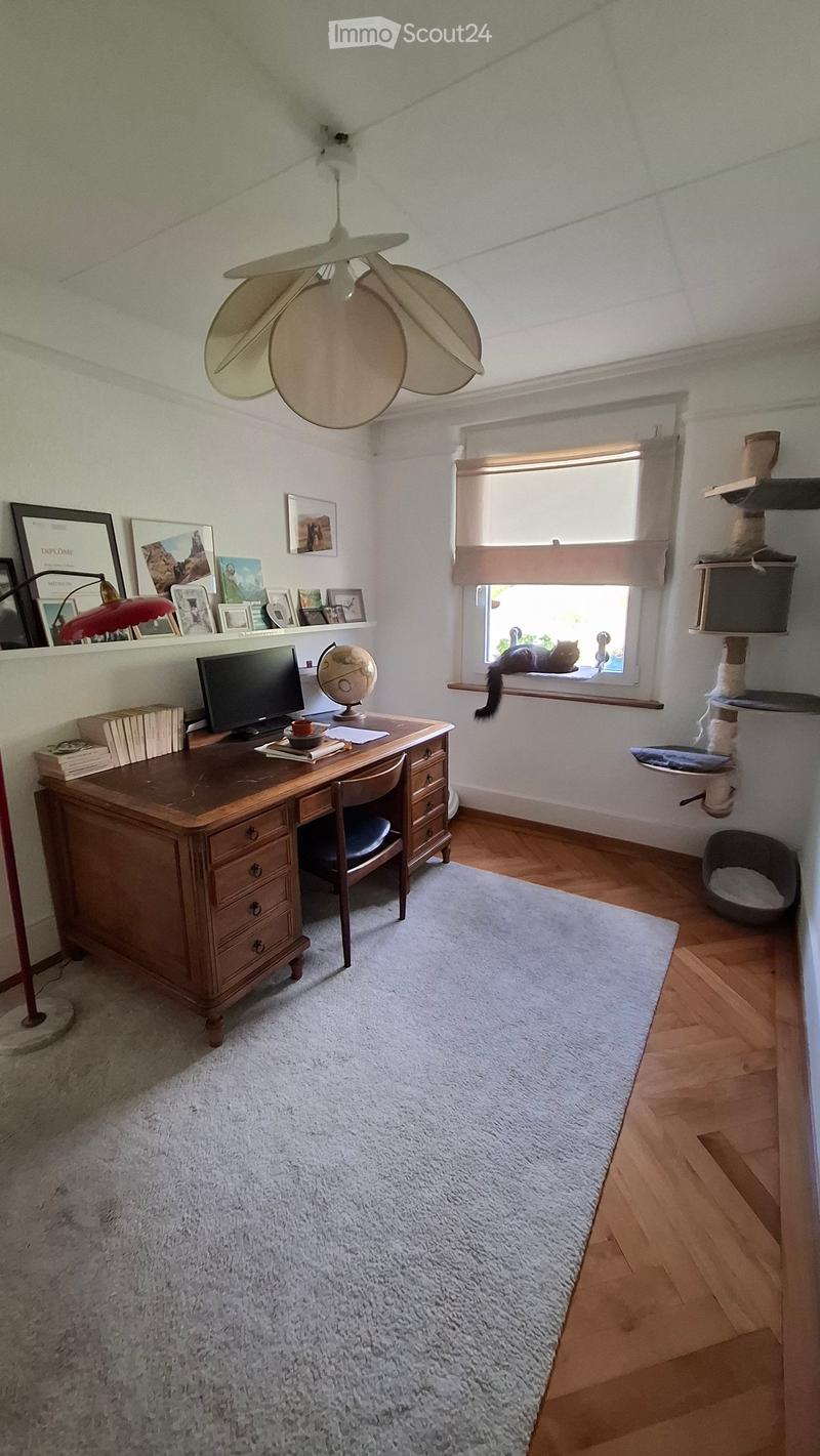A well-lit room with wooden flooring and a large window. A wooden desk with a chair is positioned near the window, with a cat sitting on the windowsill. A cat tree and a cat bed are visible, along with a lamp, picture frames, and a globe on the desk.