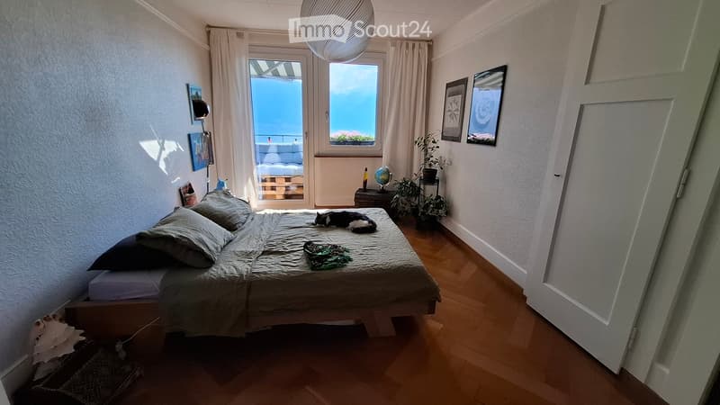 Cozy bedroom with wooden flooring, a bed with pillows, a cat resting on the bed, a nightstand with a lamp, a globe, potted plants, and framed pictures on the wall. Large windows offer a scenic view of the sea.