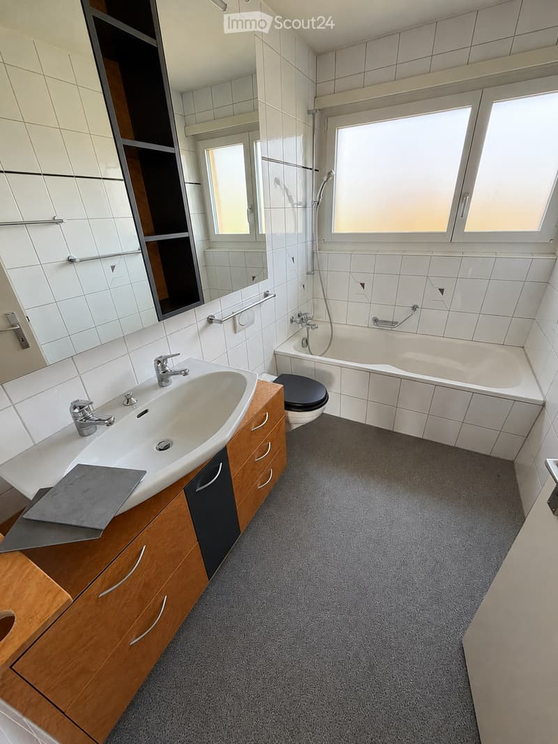 Modern bathroom with white tiled walls, a large mirror, a wooden vanity with a sink, a bathtub, and a toilet. The space features a grey carpeted floor and large windows allowing natural light.