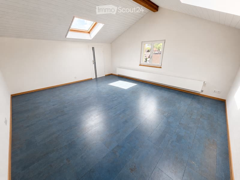 Empty room with blue wooden flooring, white walls, a skylight window, and a radiator. No furniture or equipment present.