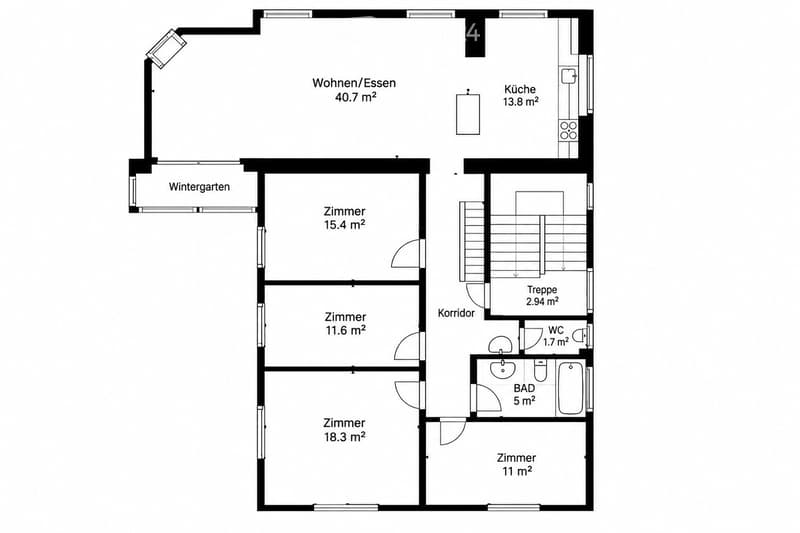 Floor plan of a 5-room apartment including a living/dining area, kitchen, three bedrooms, a bathroom, and a hallway.