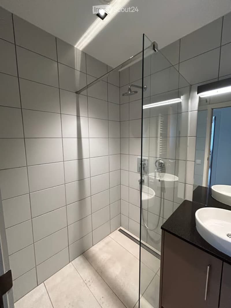 Modern bathroom with white tiles, glass shower enclosure, dark wooden cabinet, and white sink.