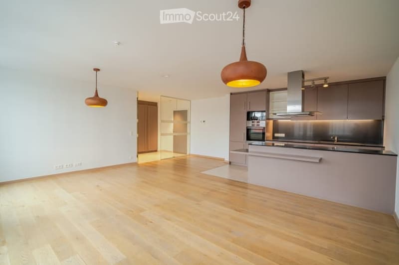 Open-plan space with light wooden flooring, modern kitchen area featuring cabinets, an oven, and a range hood, complemented by stylish pendant lights.