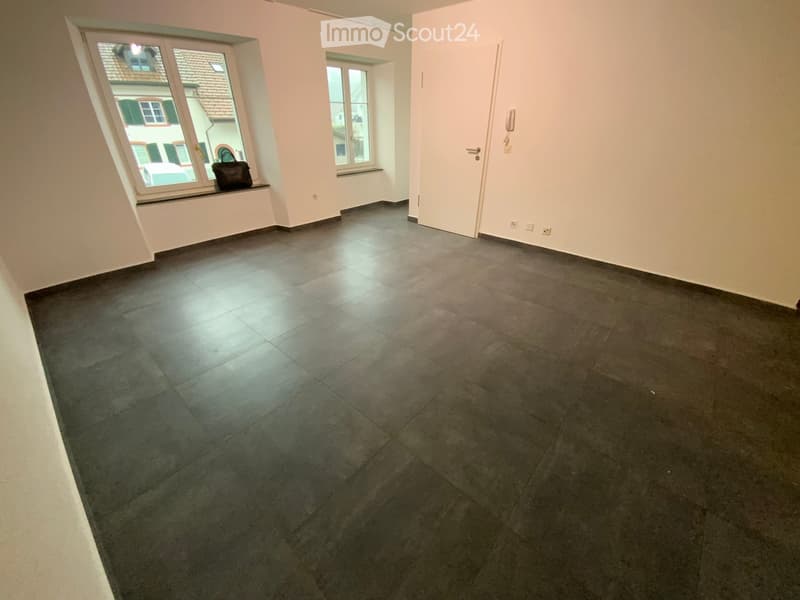 Empty room with dark tiled floor, light pink walls, large windows, and a door. No furniture or equipment present.