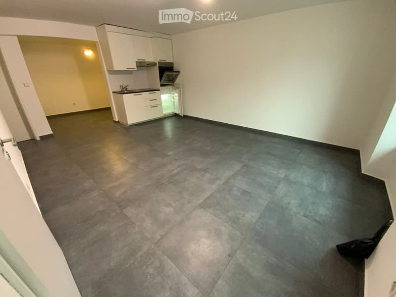Empty room with dark grey tiled floor and white walls, featuring a small kitchen area with white cabinets, sink, and refrigerator in the background.