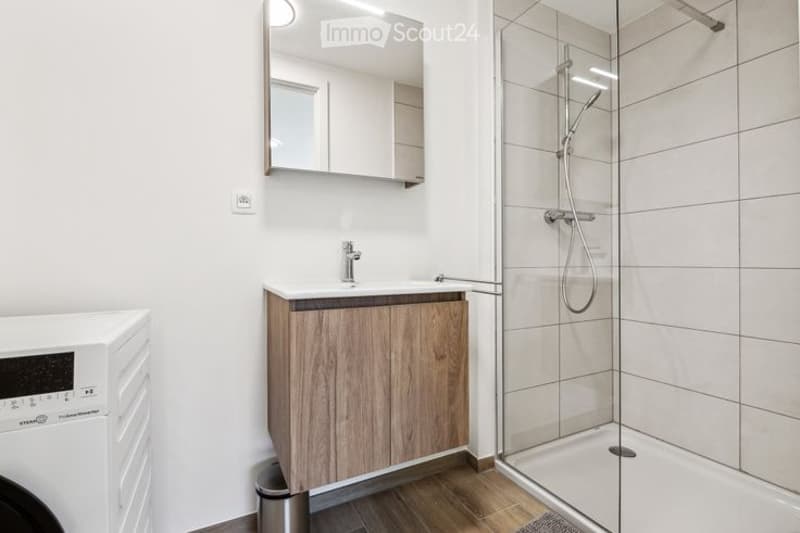 Modern bathroom with a wooden vanity, white sink, mirror, glass-enclosed shower, and a washing machine.