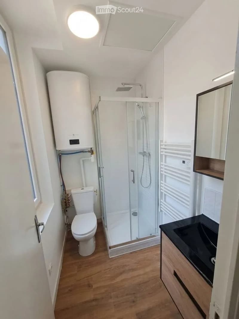 Modern bathroom with wooden flooring, white walls, a toilet, a glass-enclosed shower, a sink with a mirror, and a radiator.