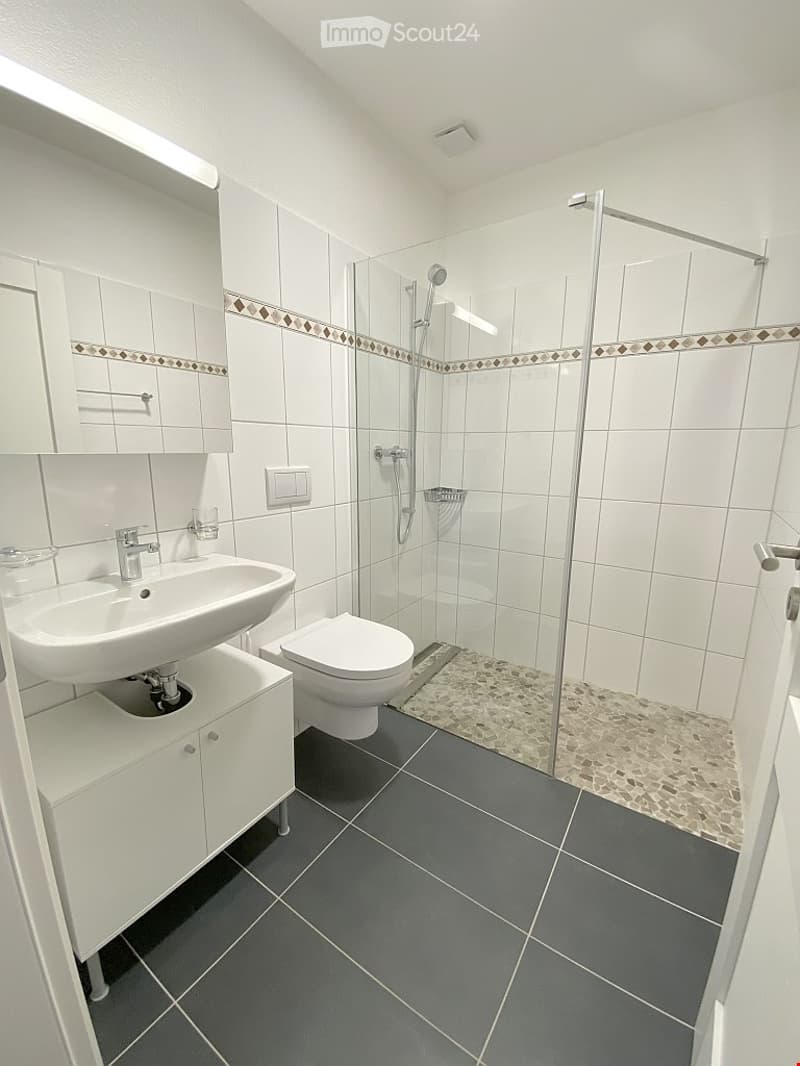 Modern bathroom with white tiles, a glass-enclosed shower, a sink with a cabinet, and a toilet. The floor is dark grey tiles, and the walls have a decorative border.