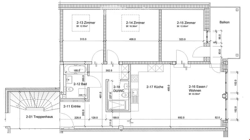 Floor plan of a two-story apartment with multiple rooms including bedrooms, bathrooms, kitchen, living/dining area, and a balcony.