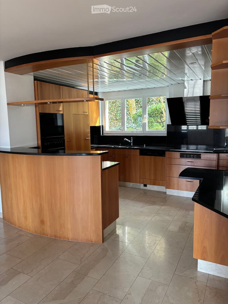 Modern kitchen with wooden cabinets, black countertops, a central island, and stainless steel appliances including an oven and dishwasher. Natural light streams in through large windows.