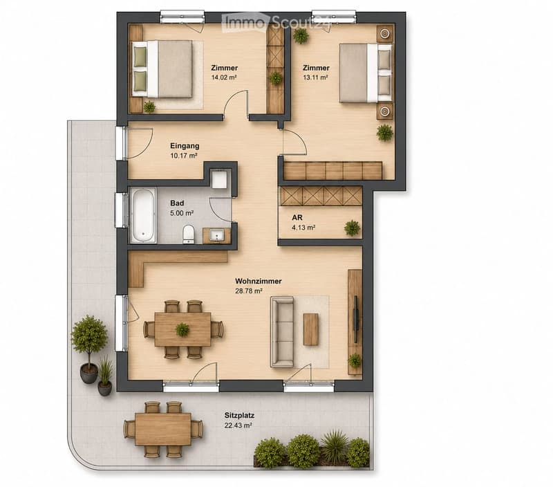 Floor plan of a modern apartment with living room, dining area, two bedrooms, bathroom, entrance, and outdoor seating area.