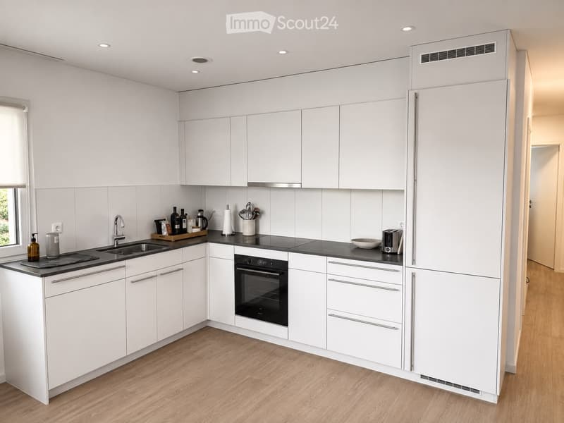 Modern kitchen with white cabinets, black countertops, and stainless steel appliances. Features include a sink, oven, refrigerator, and various small appliances and items on the counter.