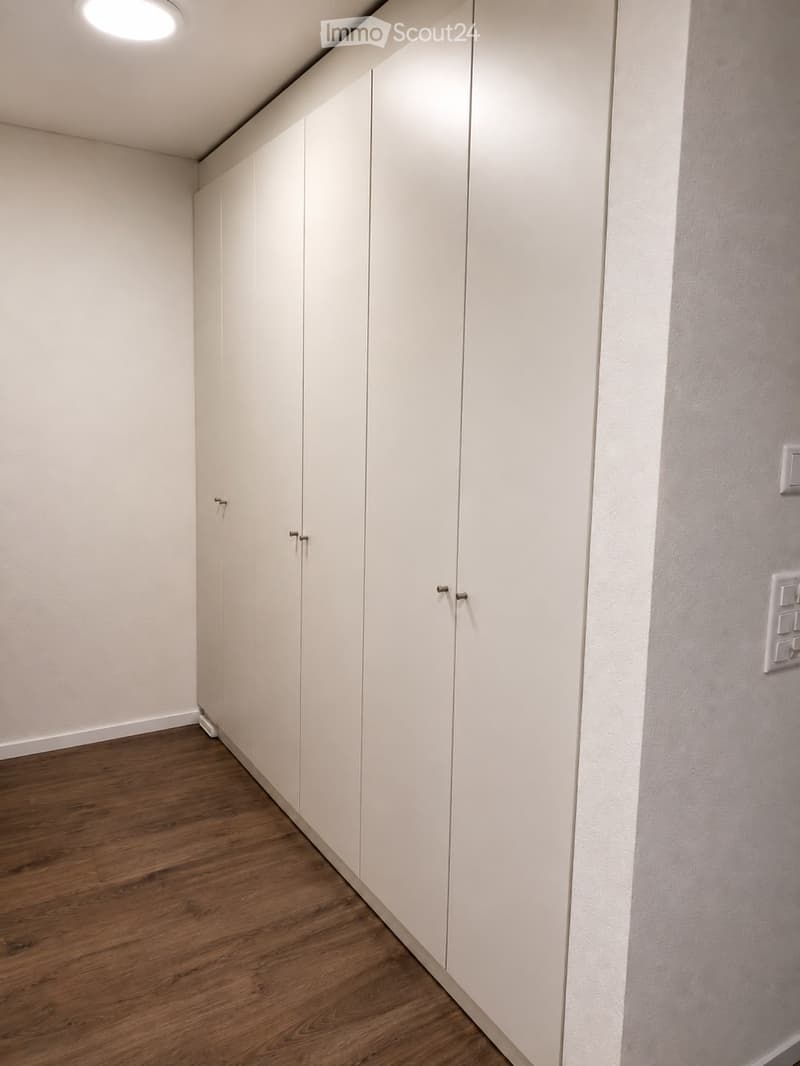 Empty hallway with light-colored walls, wooden flooring, and built-in white closet units with silver handles.