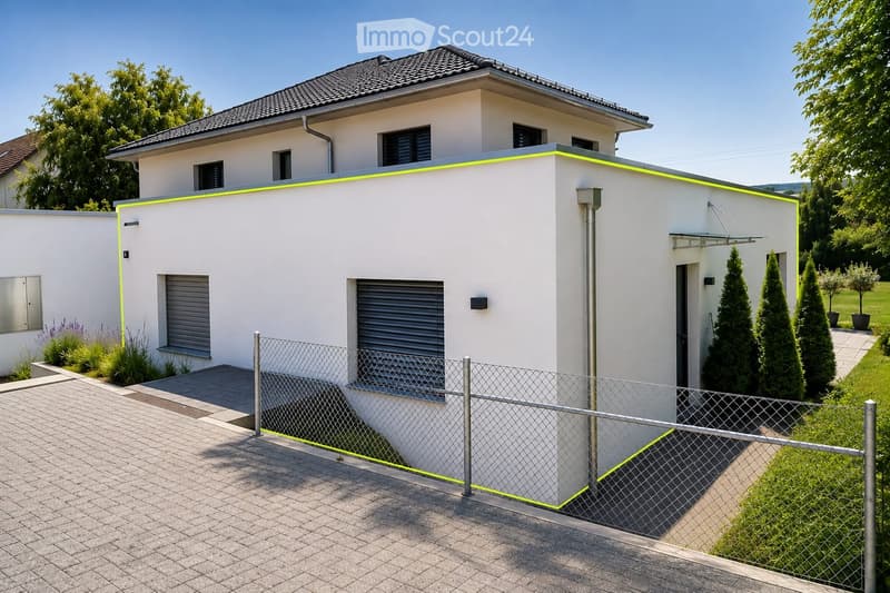 Modern two-story house with white exterior, grey roof, garage, and surrounding greenery.