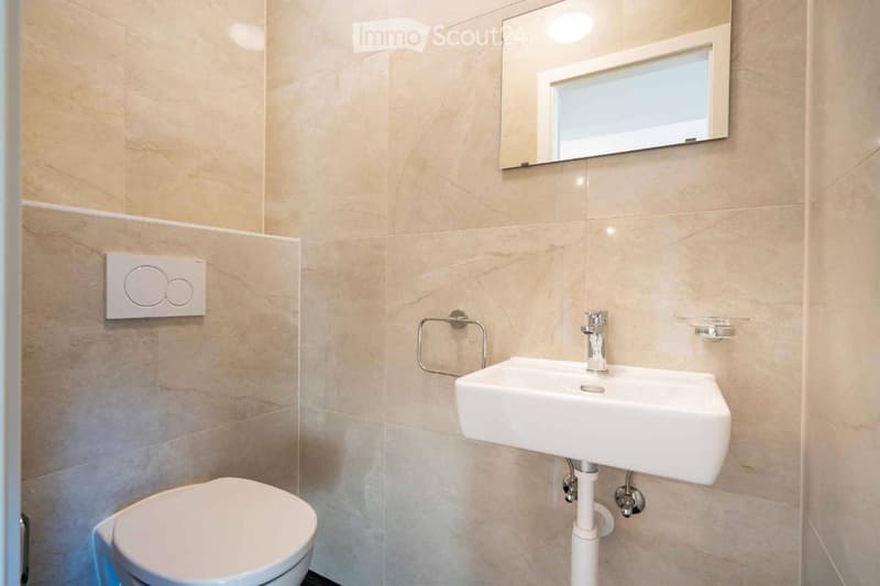Modern bathroom with beige tiled walls, a white sink, a toilet, a mirror, and a towel ring.