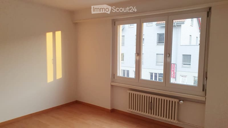 Empty room with light-colored walls, wooden flooring, and a large window with white frames. A radiator is visible below the window.