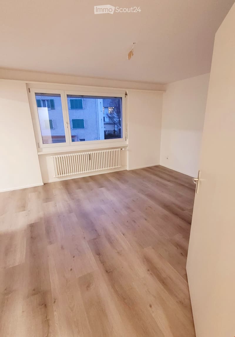 Empty room with light wooden flooring, white walls, large window with white frame, radiator below window, and a door with a silver handle on the right side.