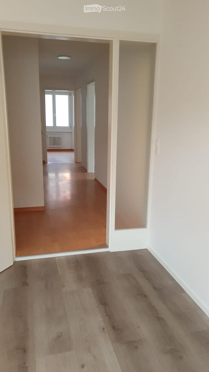 Empty hallway with light-colored wooden flooring, white walls, and a visible room at the end with a window and radiator.