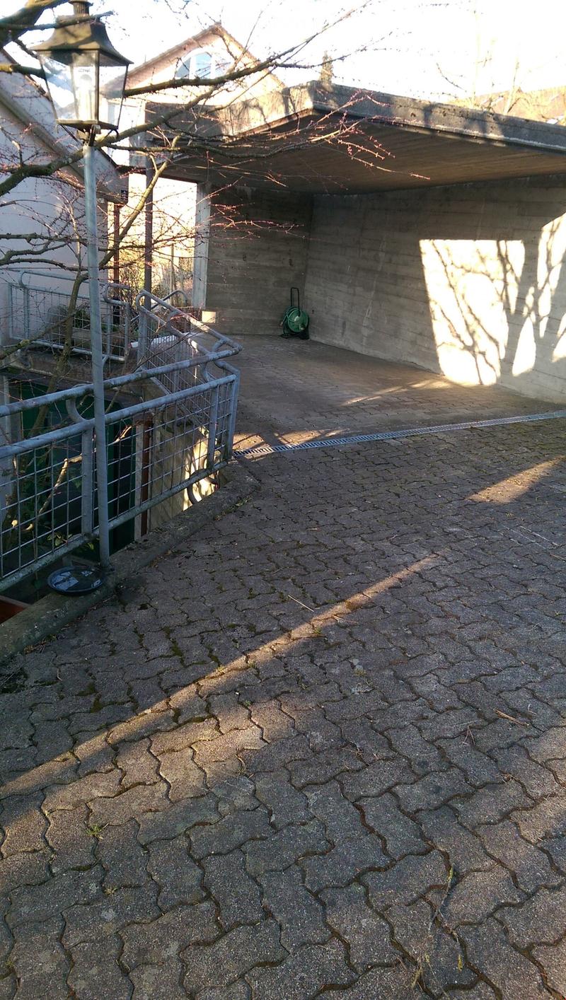 Outdoor area with cracked stone pavement, metal railing, and a small green hose reel against a concrete wall.