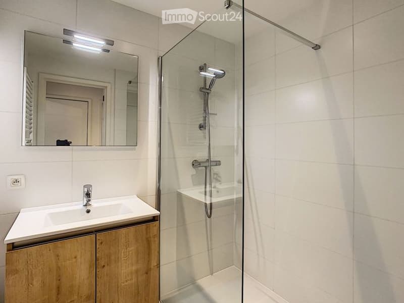 Modern bathroom with a white sink, wooden cabinet, large mirror, and a glass-enclosed shower with a modern showerhead.