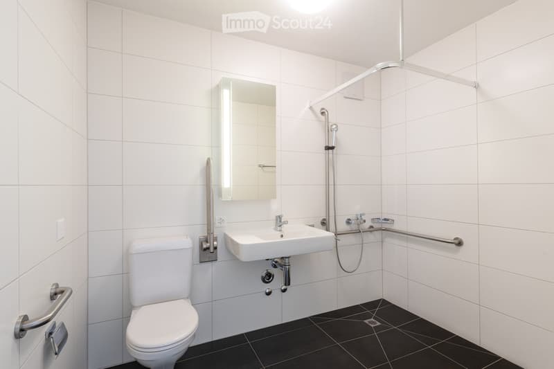 Modern bathroom with white tiled walls, black tiled floor, toilet, sink, mirror, and shower with grab bars.