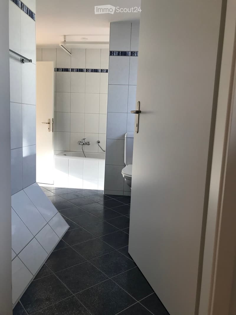 Modern bathroom with white tiled walls, dark tiled floor, bathtub, toilet, and a faucet.